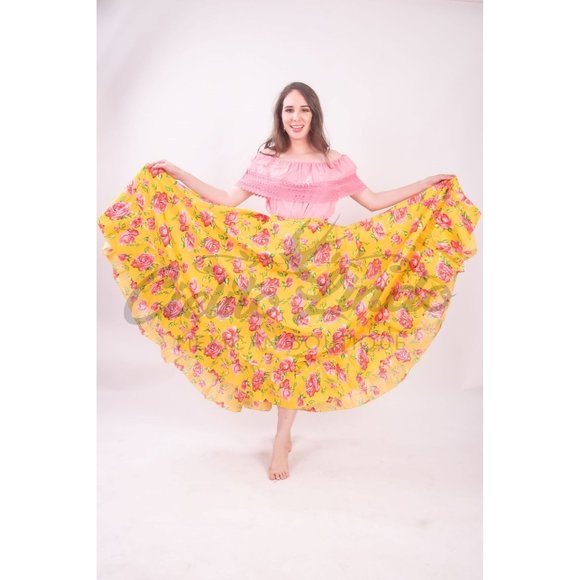 Cielito Lindo Skirts Mexican Folklorico Practice Skirt Floral Yellow Long Vuelo Flare One